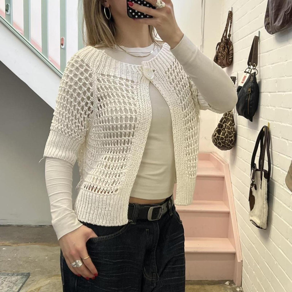 White crochet chunky knit swing cardigan