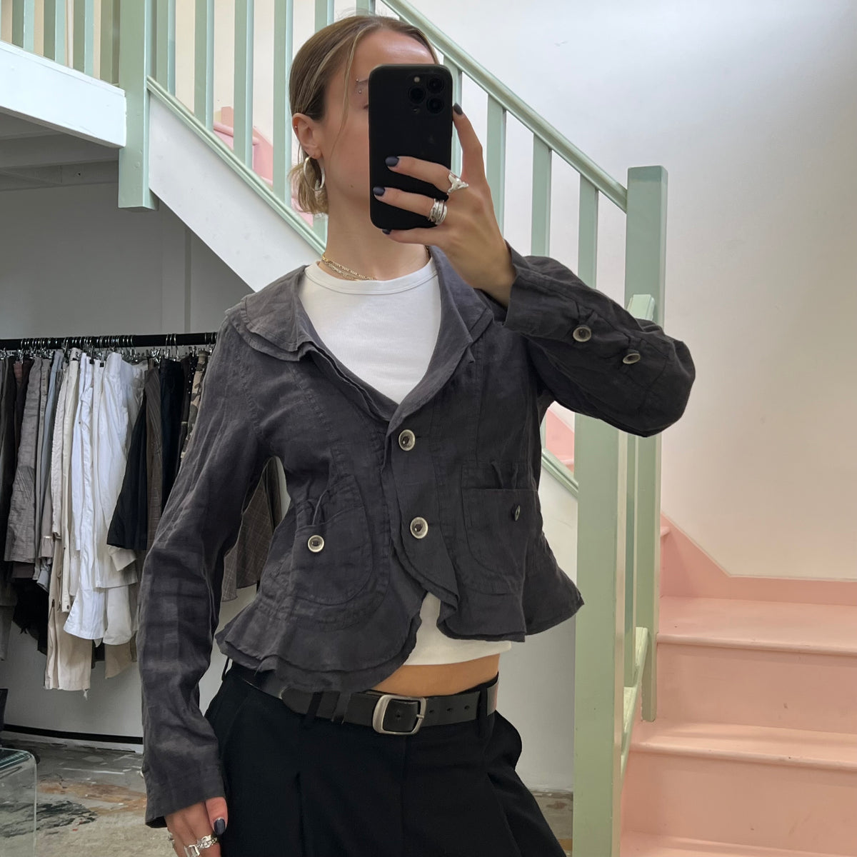 Grey linen ruffle blazer