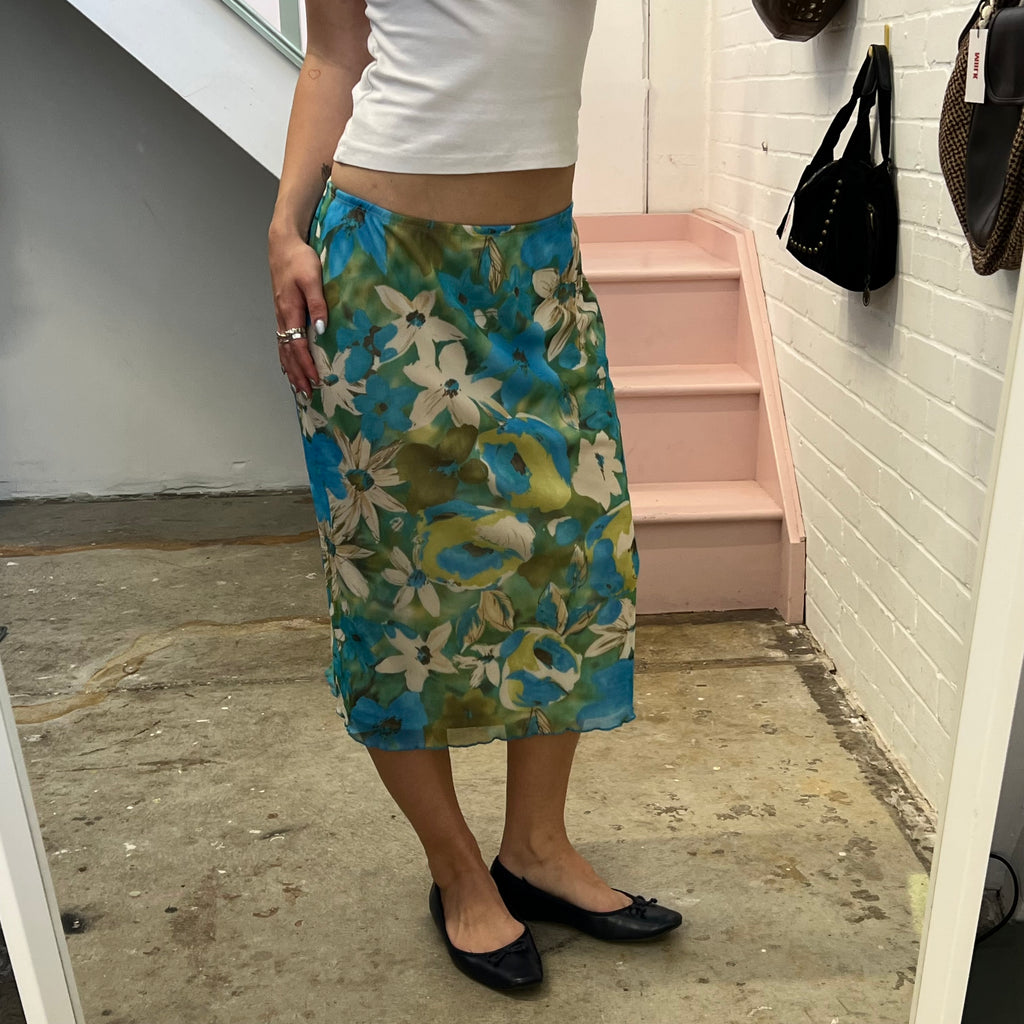 Blue and green floral mesh midi skirt