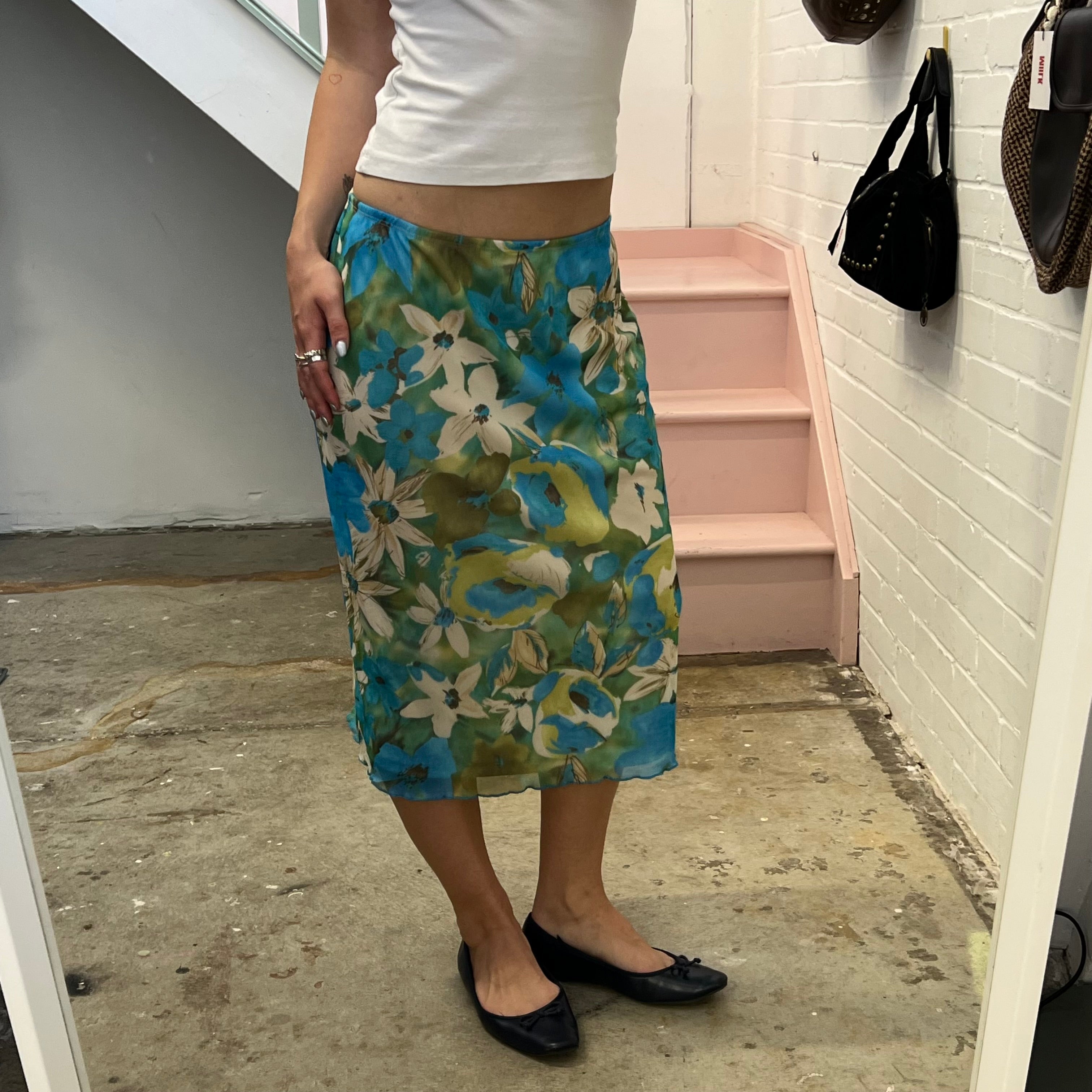Blue and green floral mesh midi skirt