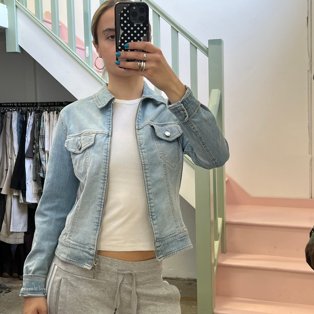 Light blue denim zip up fitted jacket
