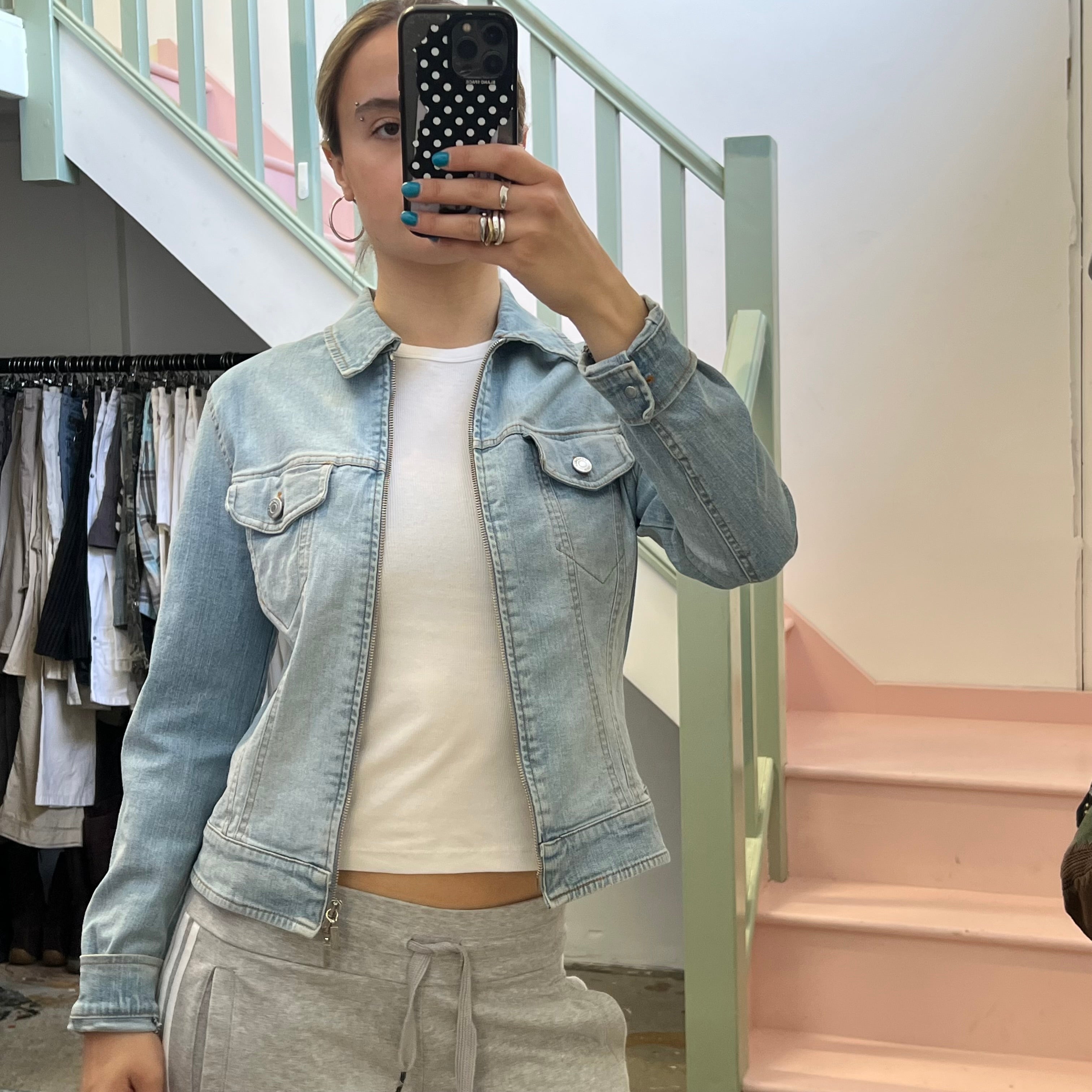 Light blue denim zip up fitted jacket