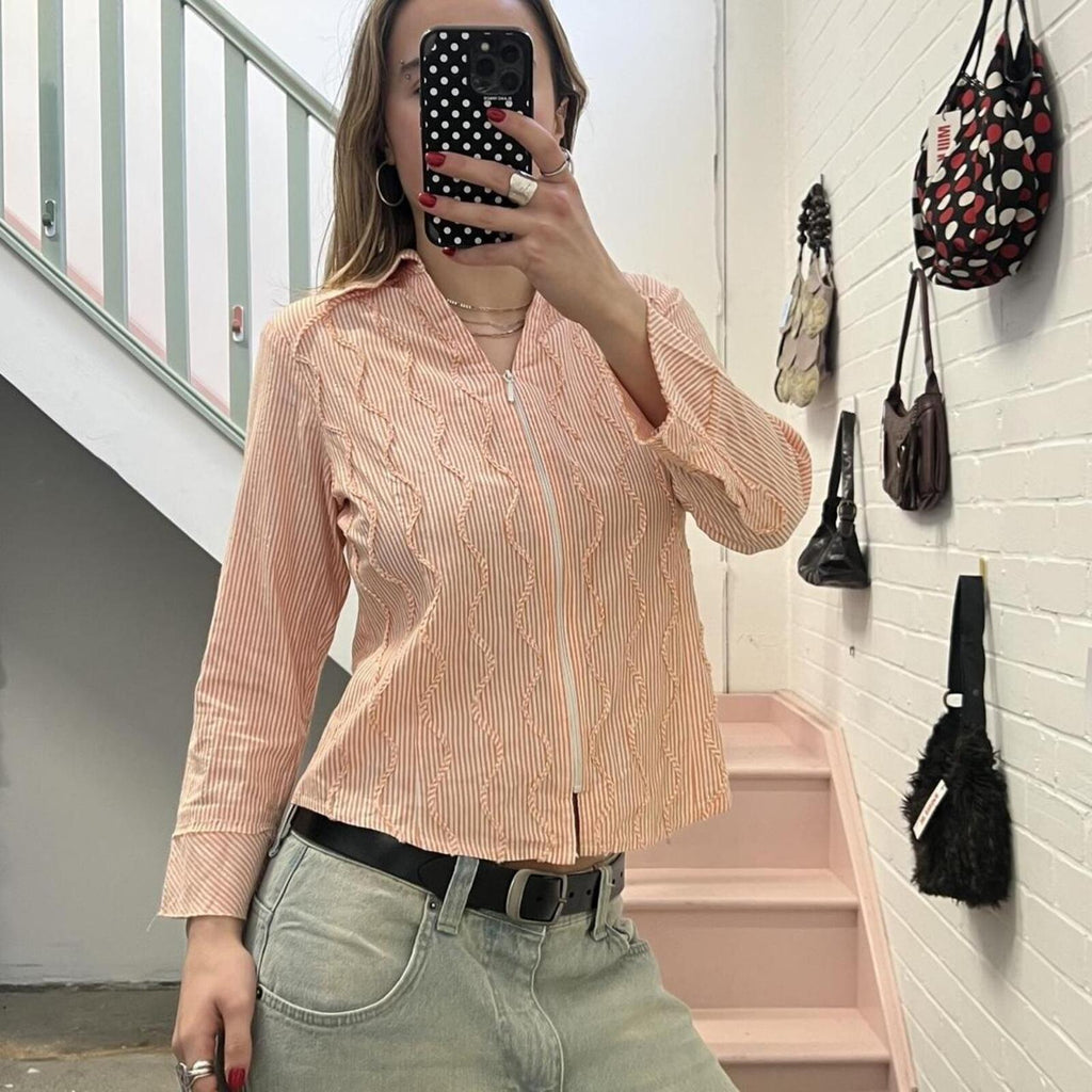 Orange and white pinstripe zip up fitted vintage shirt