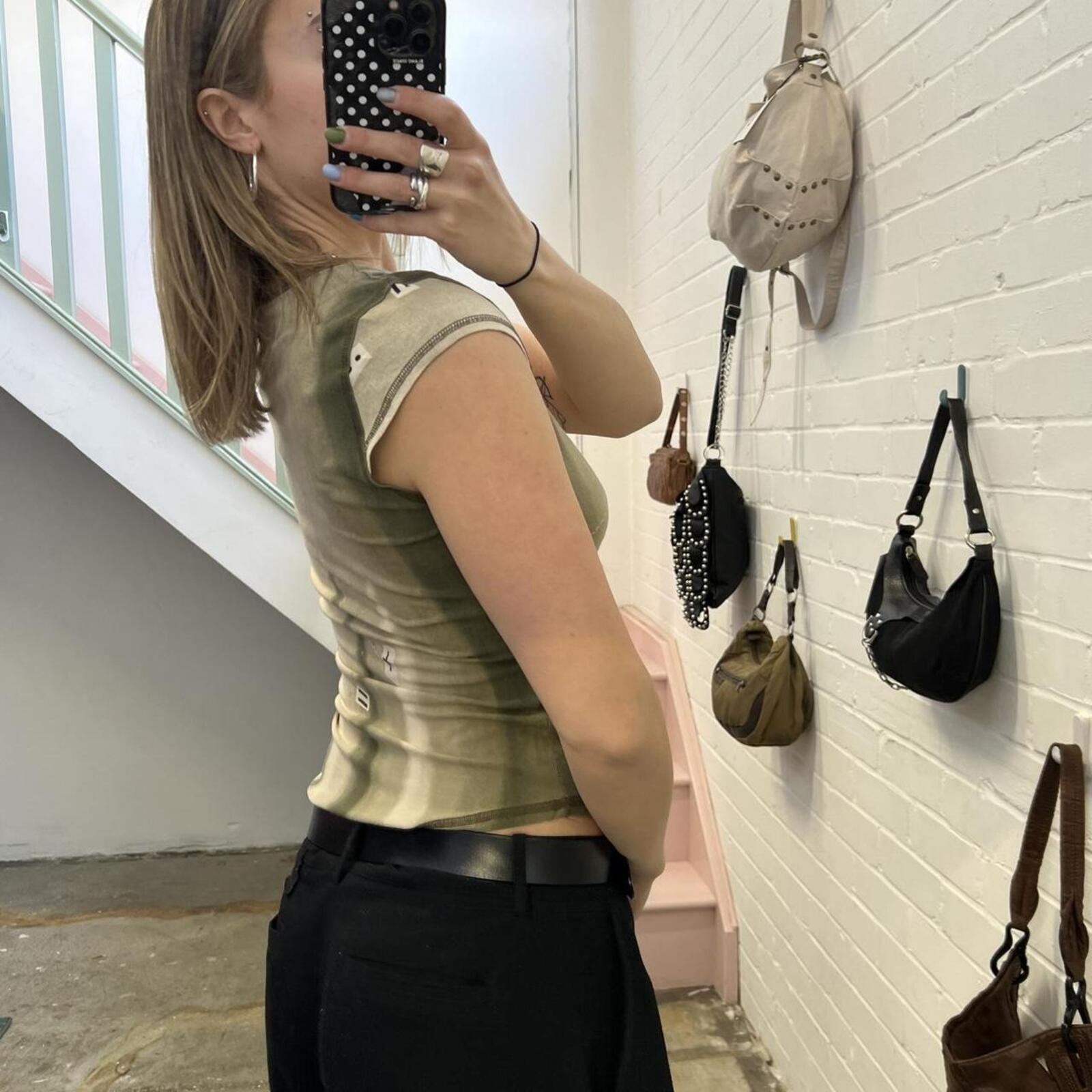cache khaki and cream v neck graphic print vintage baby tee