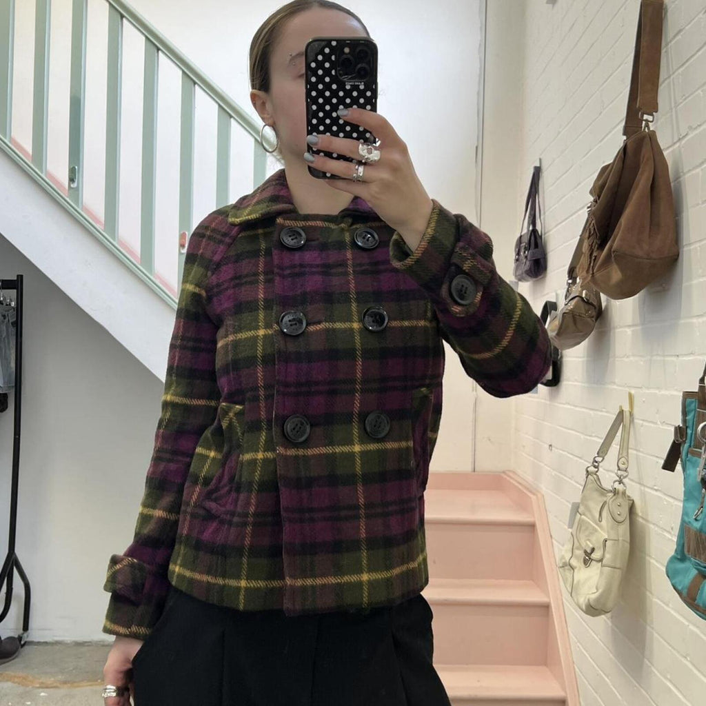 purple and green checkered gingham button up wool peacoat