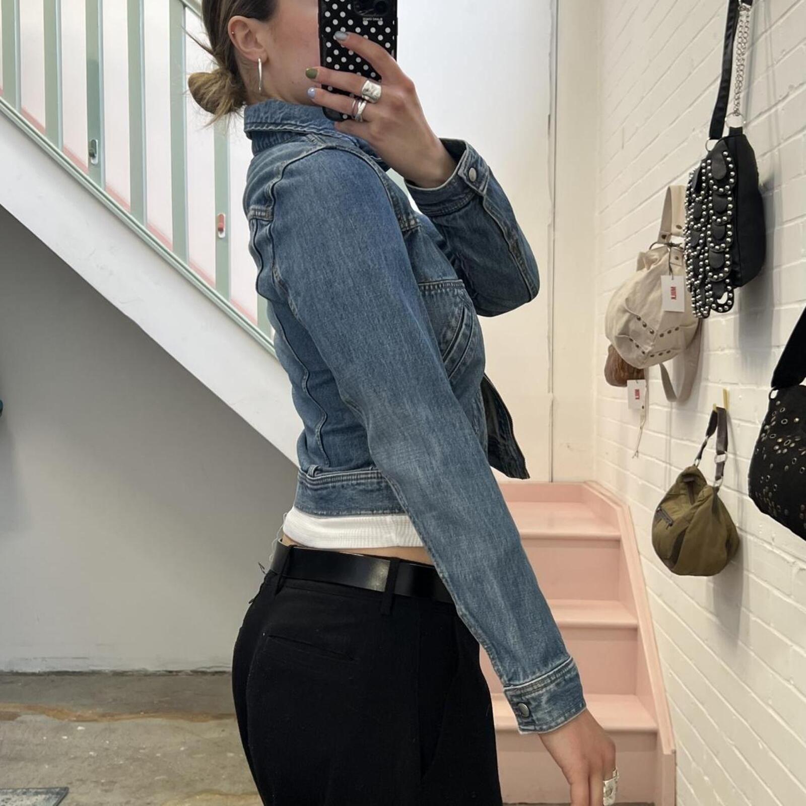 Mid wash zip up fitted vintage denim jacket with dual zip