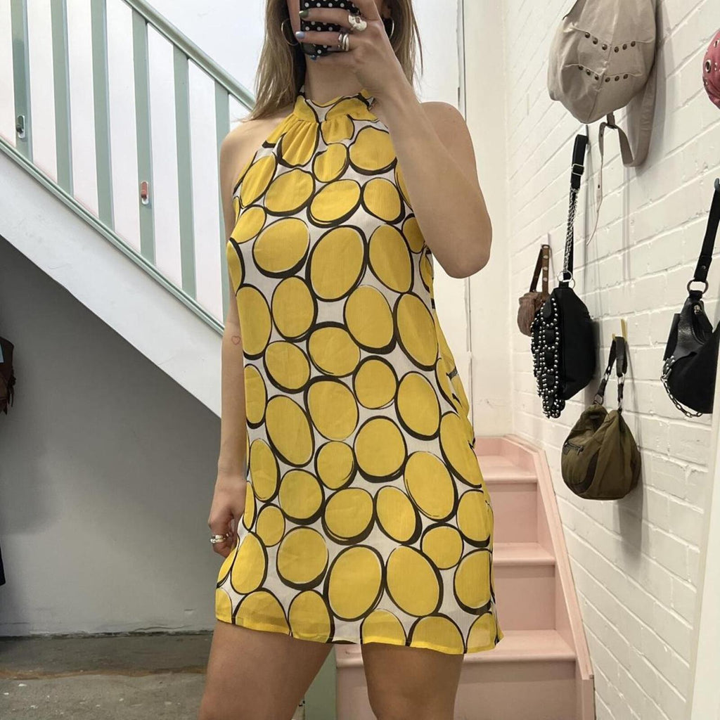 Yellow polka dot geo print halter neck vintage slip dress