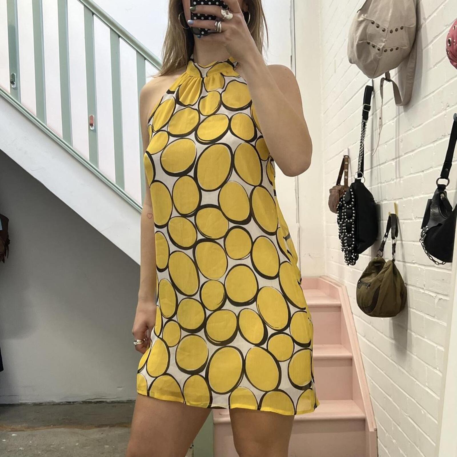 Yellow polka dot geo print halter neck vintage slip dress