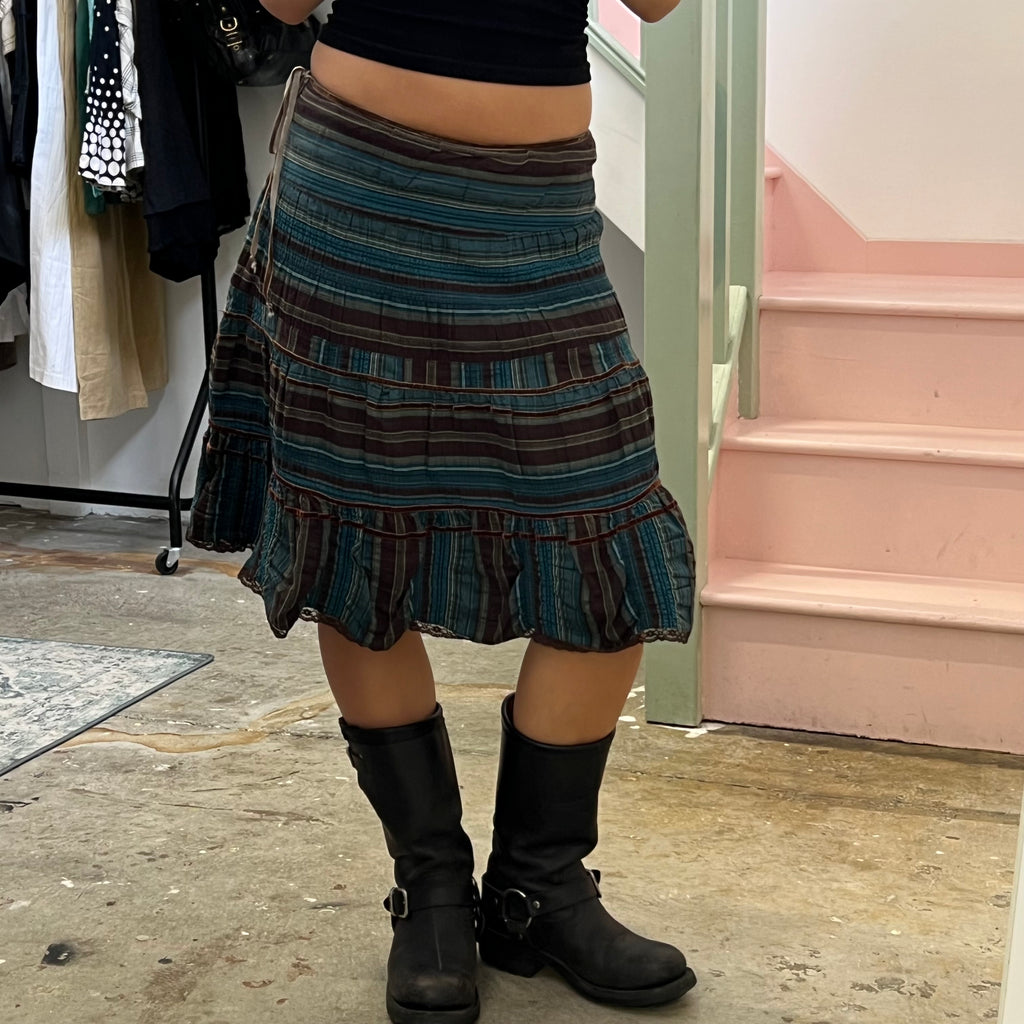 Brown and blue striped midi skirt