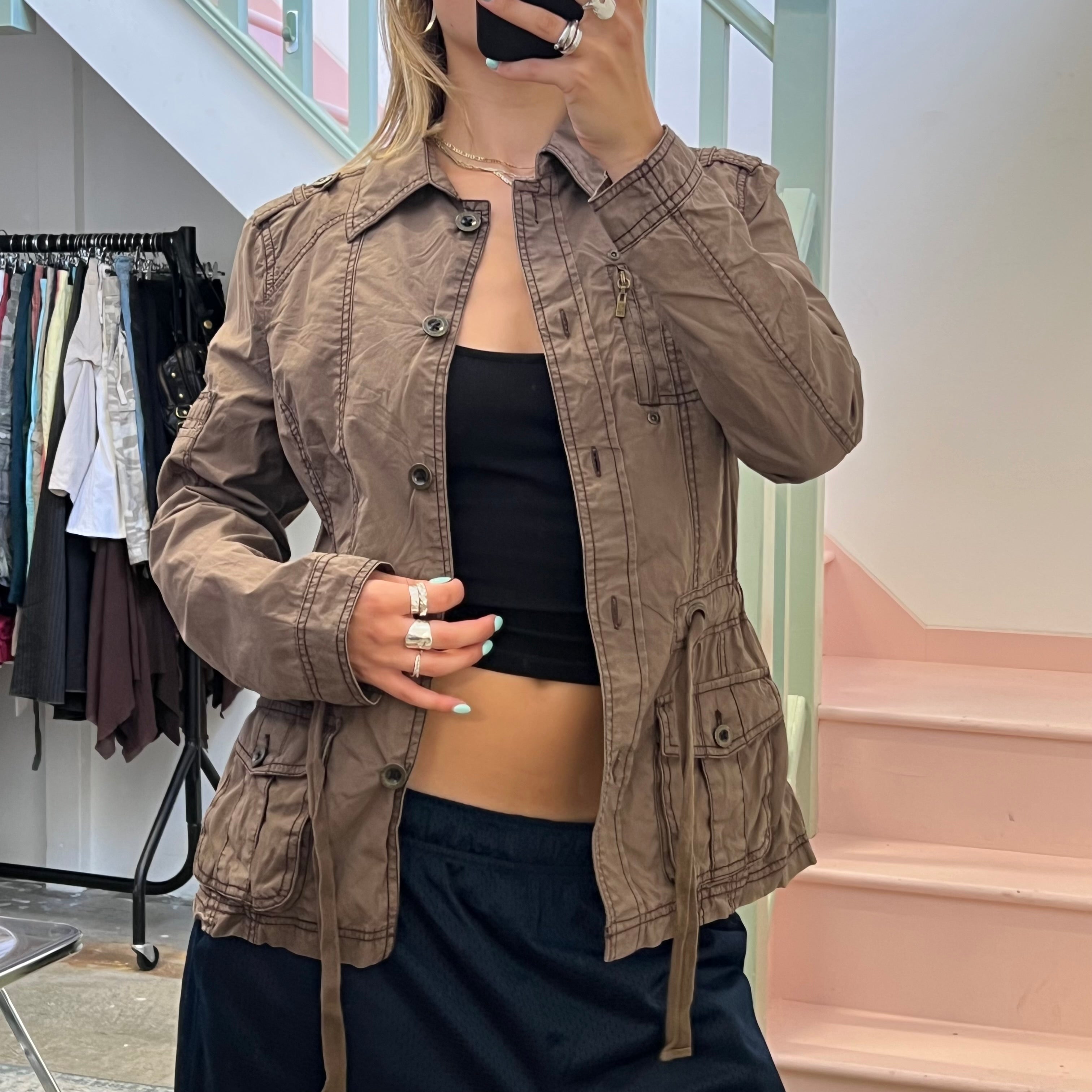 Brown utility style button up lightweight jacket