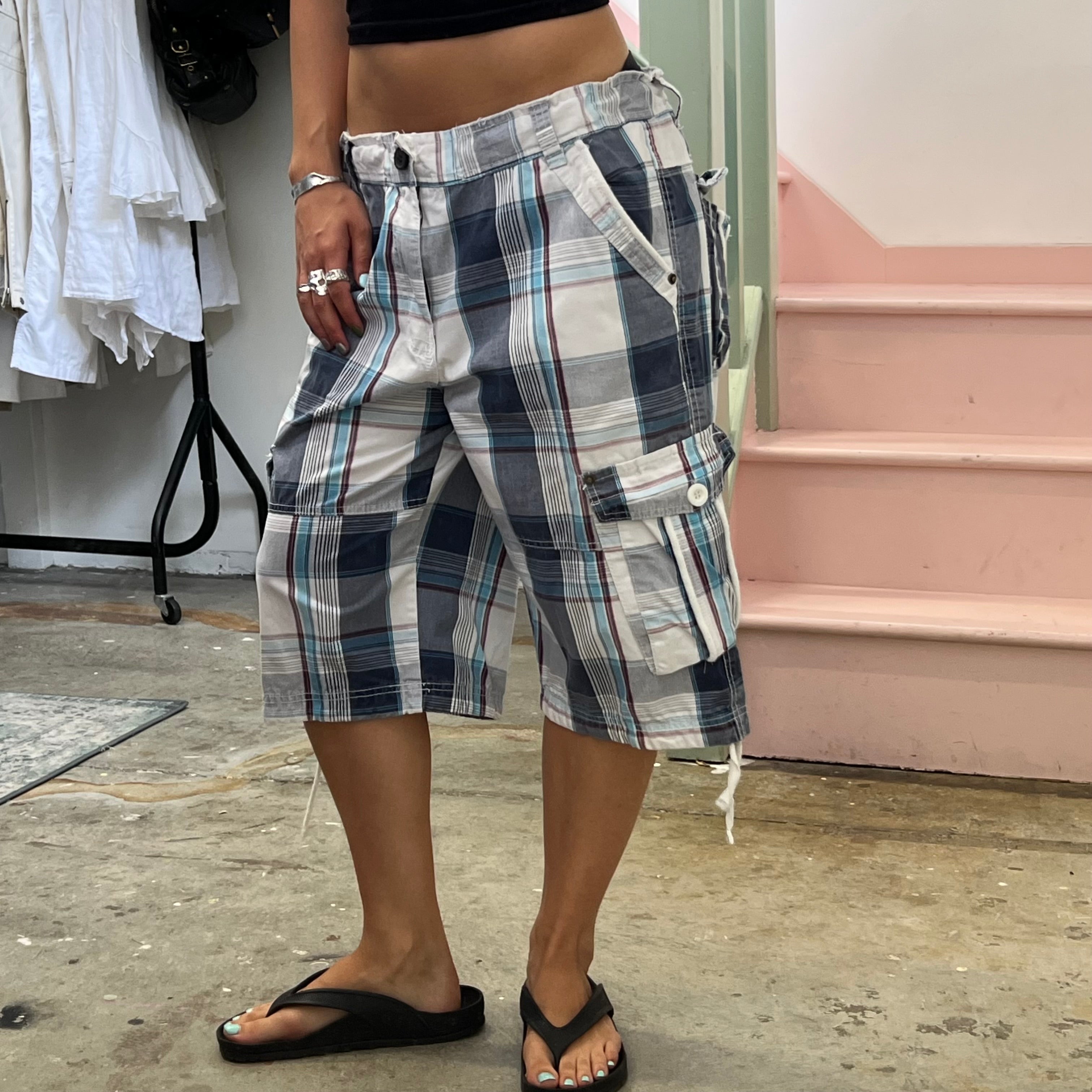 White and blue checkered baggy cargo shorts