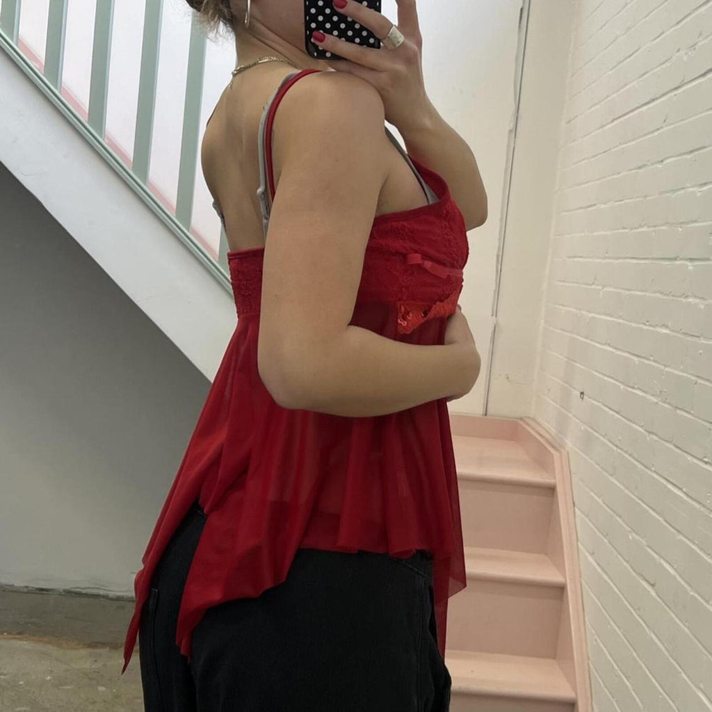 Red mesh beaded floaty asymmetrical vintage cami top