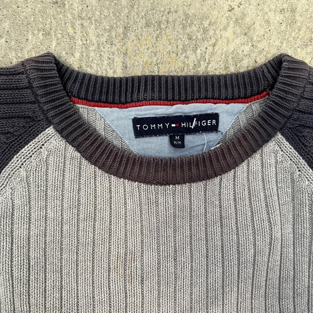 tommy hilfiger grey and navy ribbed chunky knit sweater