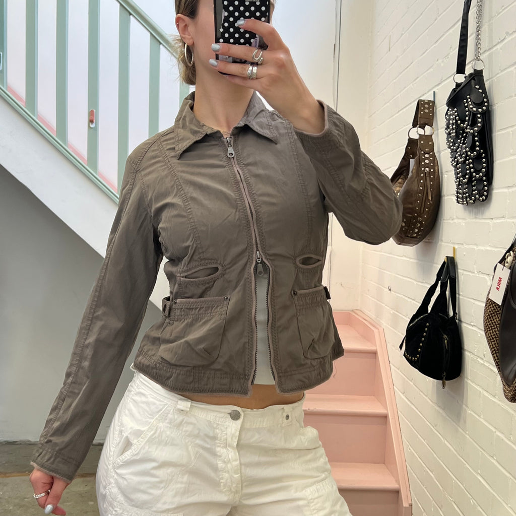 Khaki grey lightweight fitted zip up biker jacket