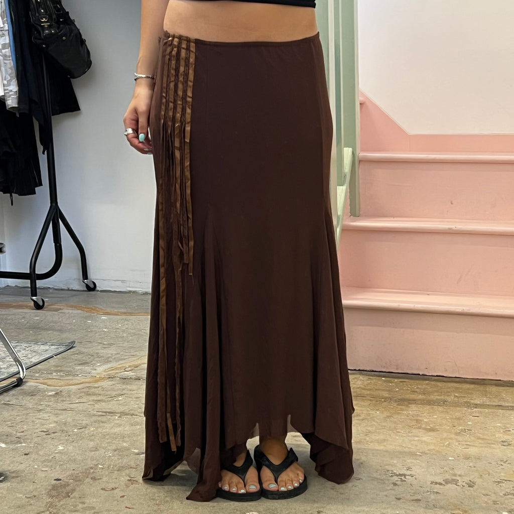 Brown slinky asymmetrical maxi skirt
