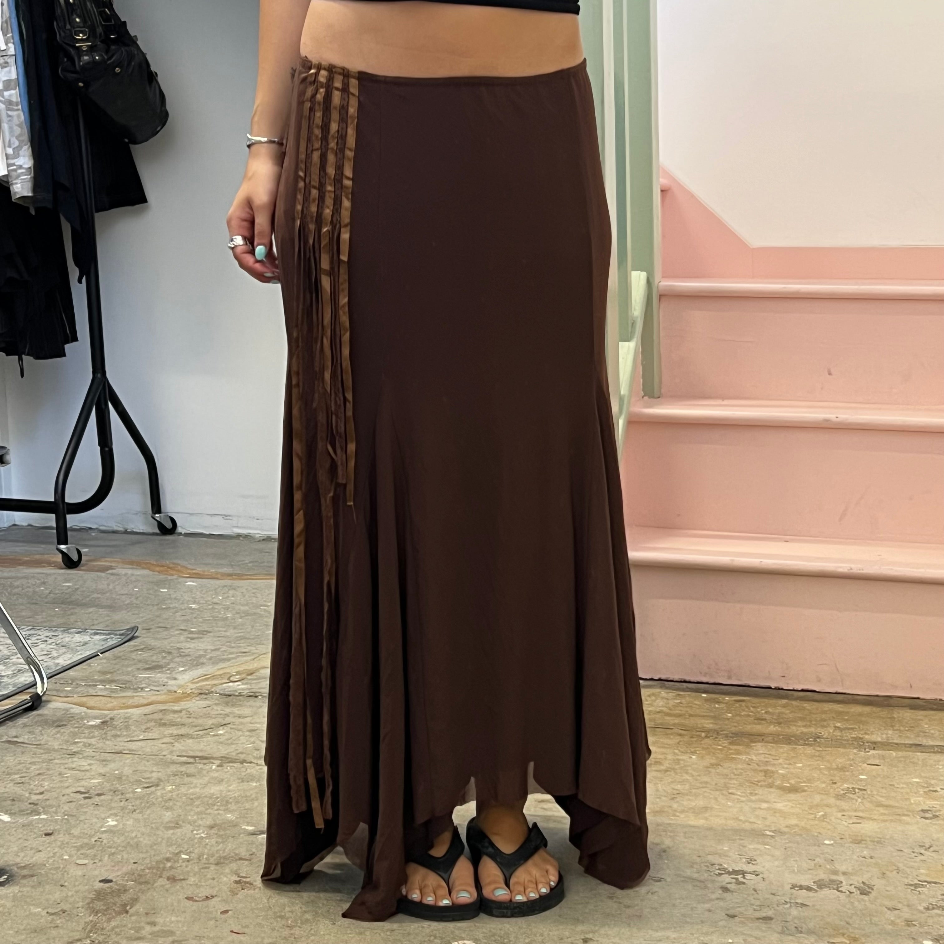 Brown slinky asymmetrical maxi skirt