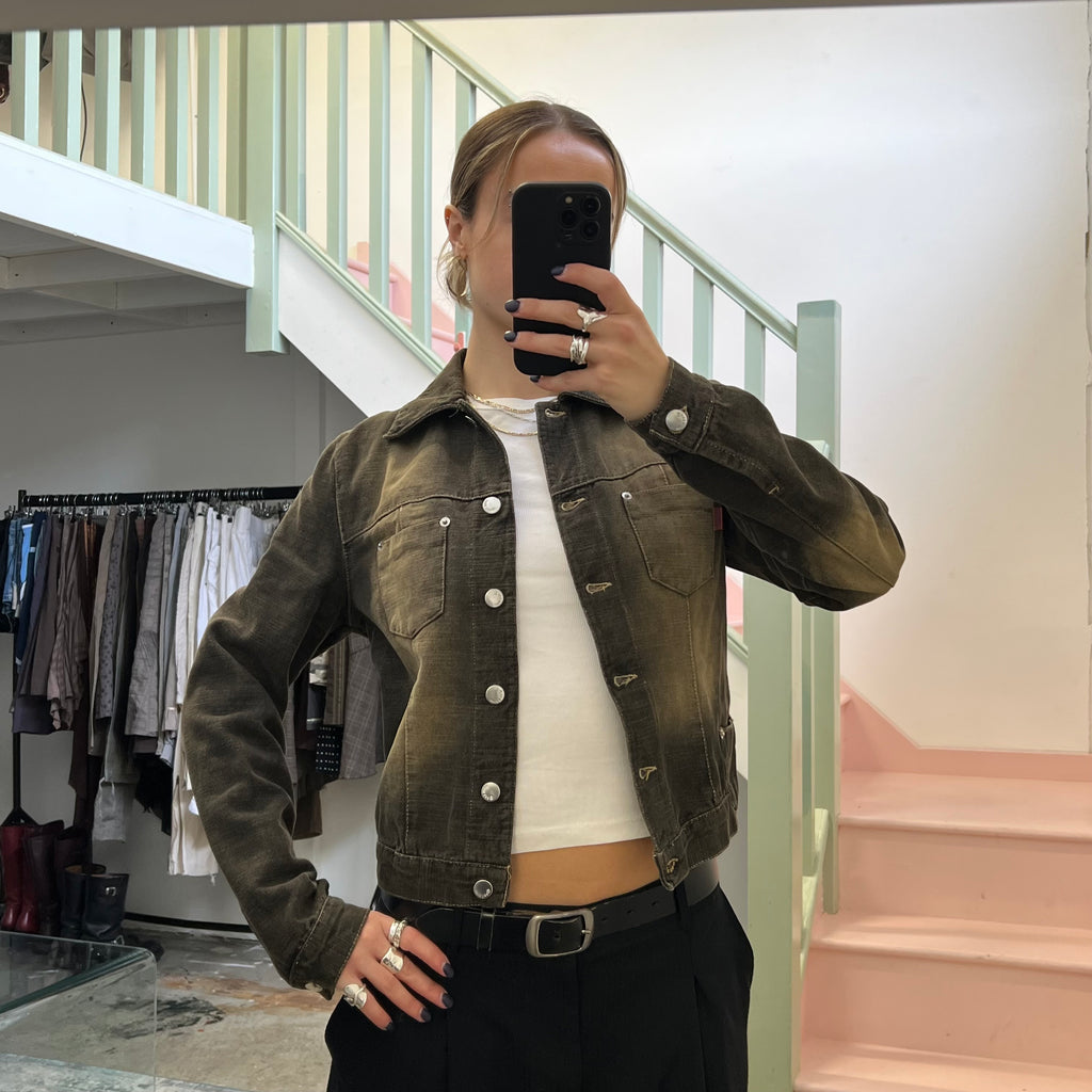 Black acid wash button up denim jacket