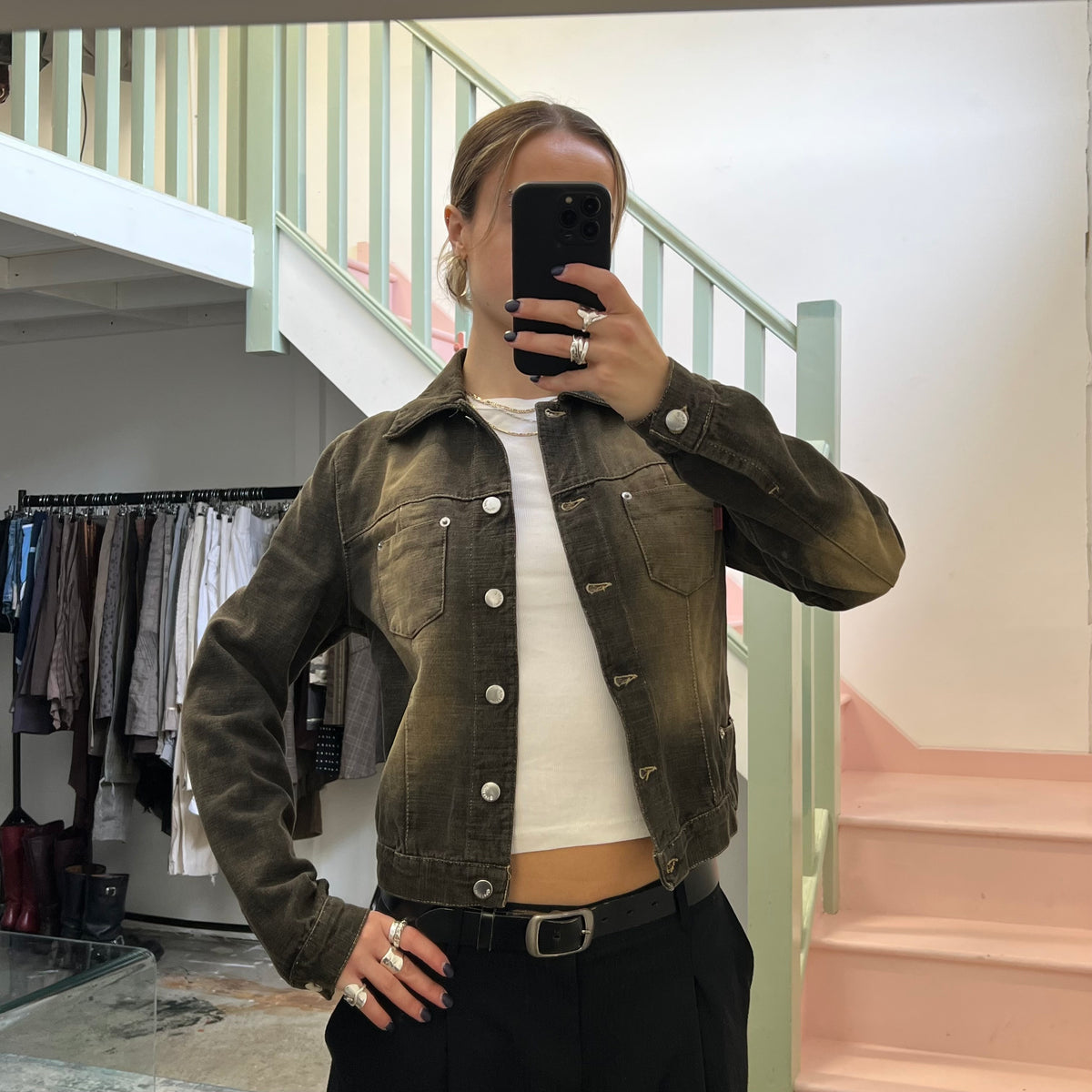 Black acid wash button up denim jacket