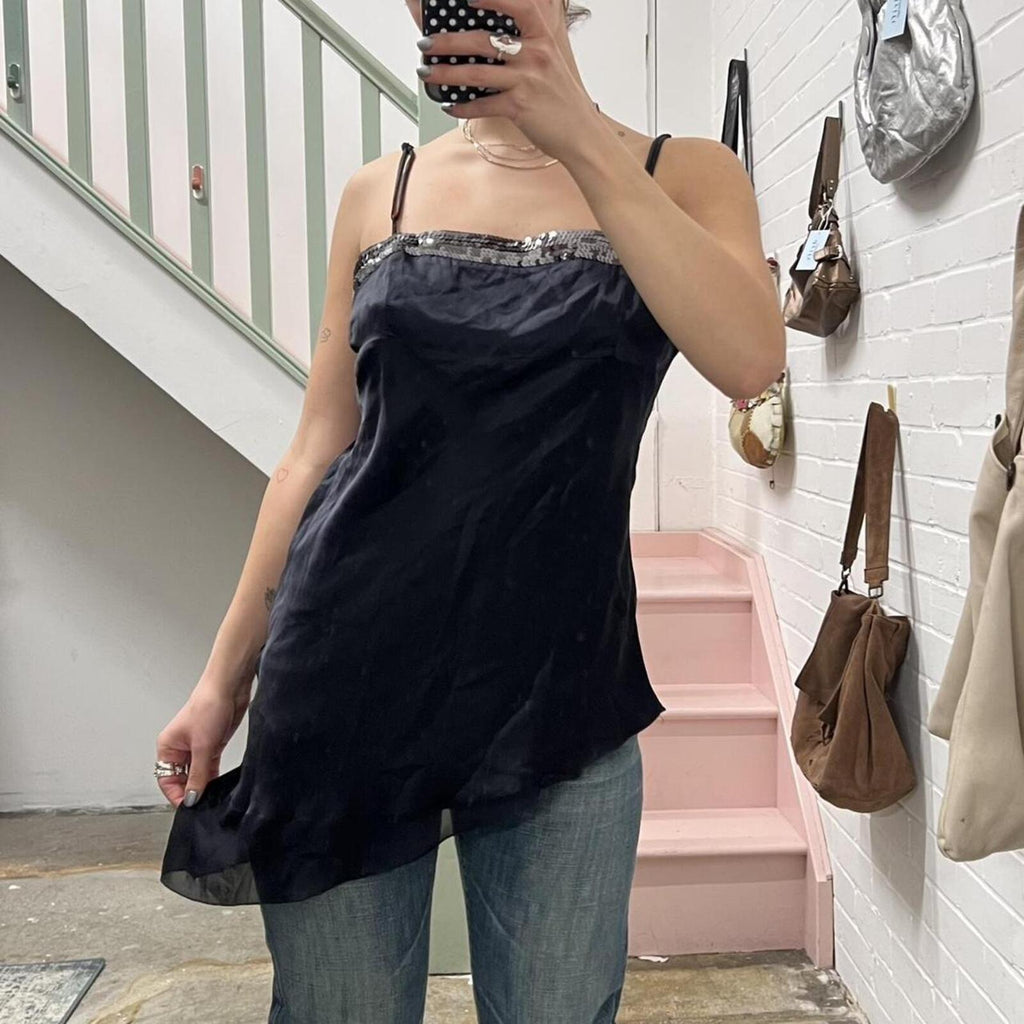 Black silk vintage asymmetrical long cami / dress perfect for layering