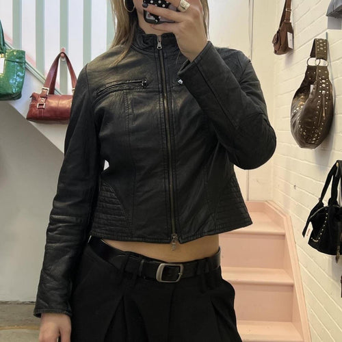 Black fitted zip up real leather vintage biker jacket with dual zip
