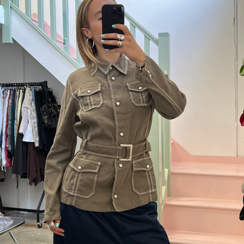 Khaki linen button up belted jacket
