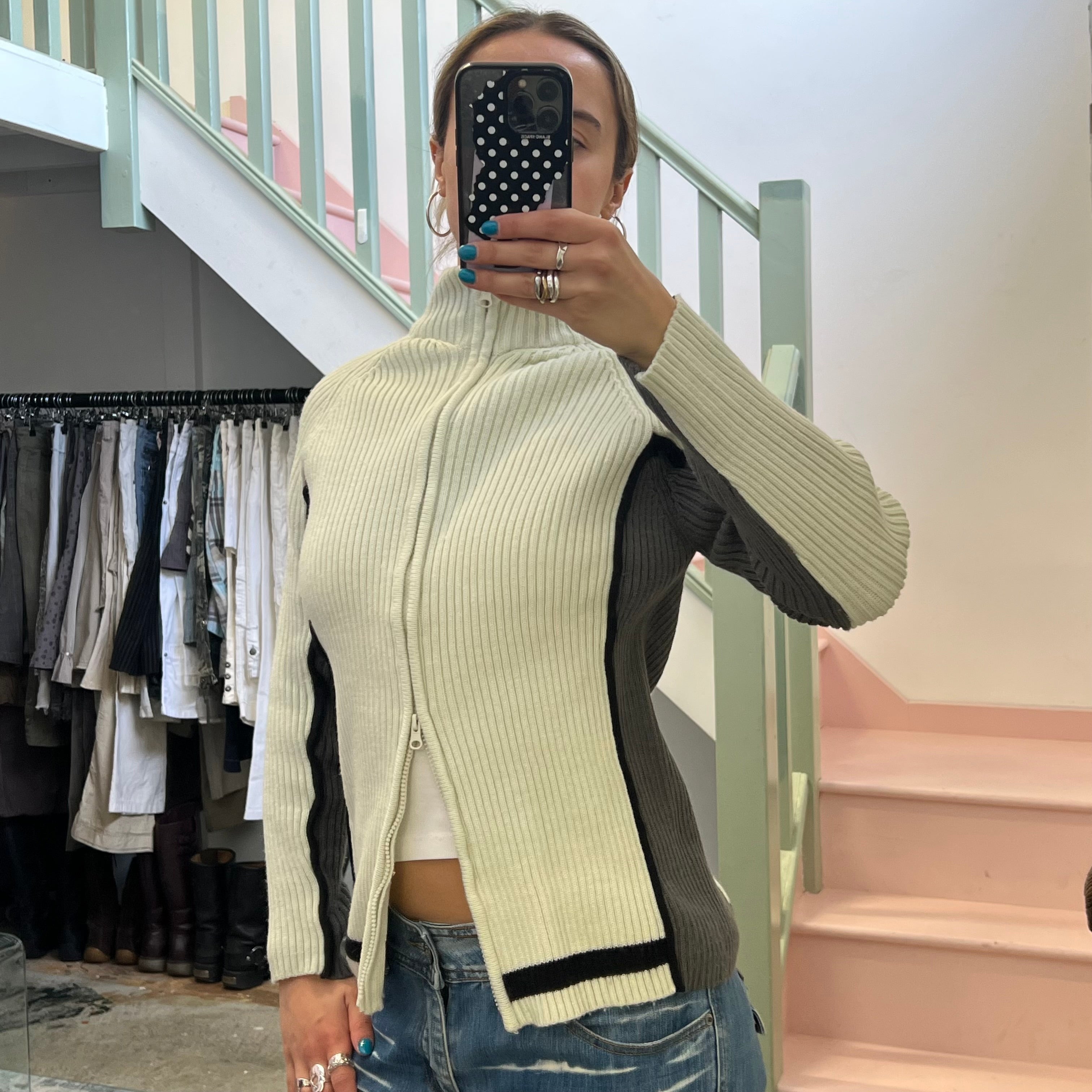 White and grey ribbed knitted zip up sweater