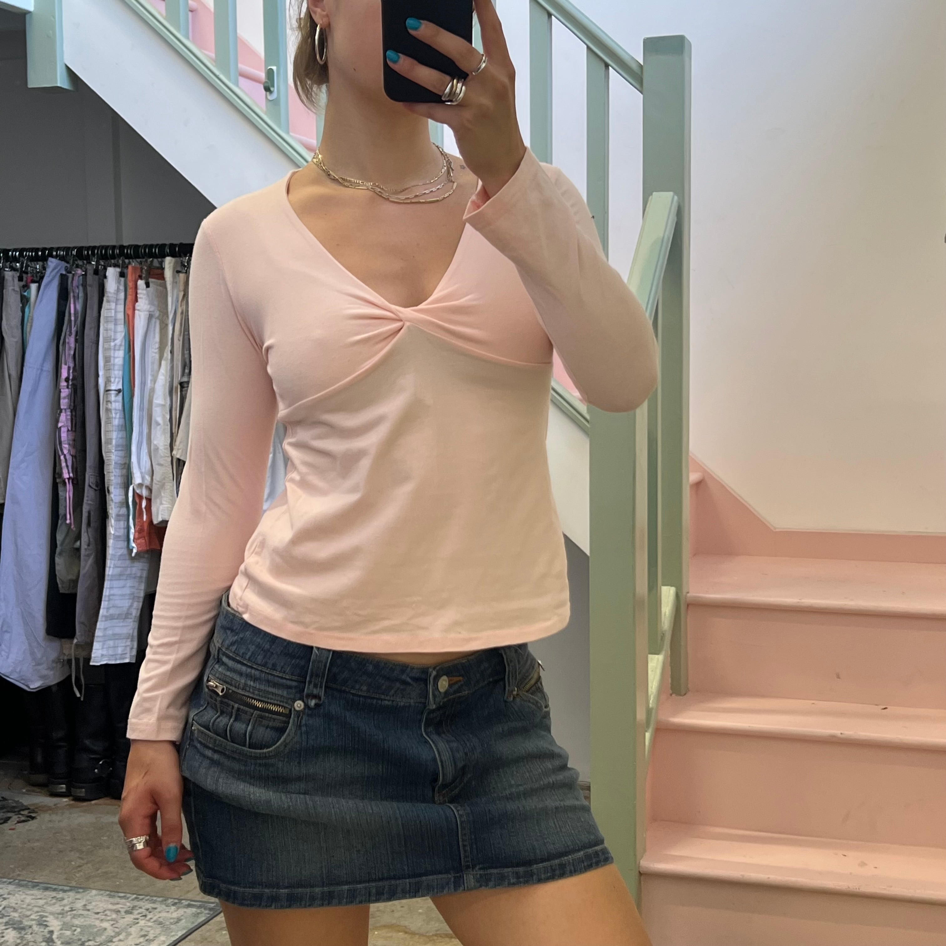 Baby pink fitted ruched long sleeve top
