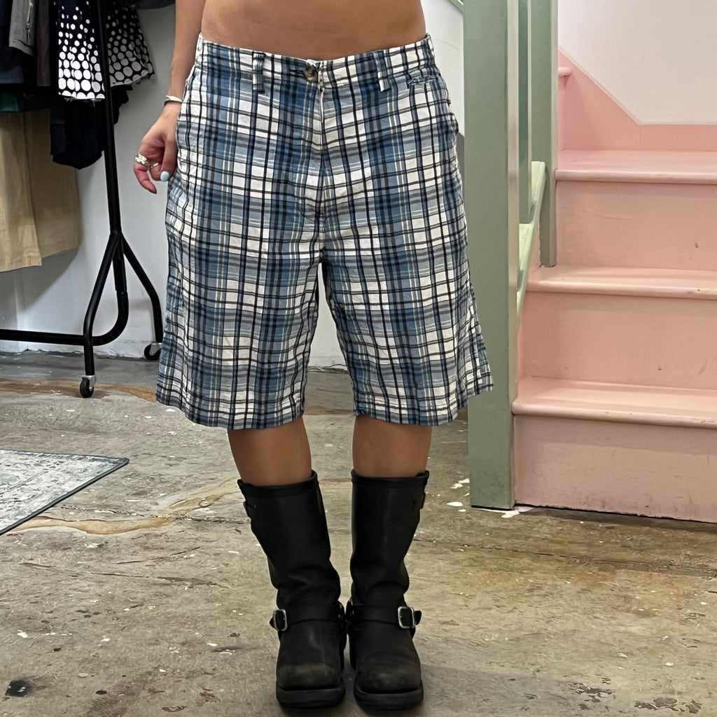 Blue and white checkered baggy shorts