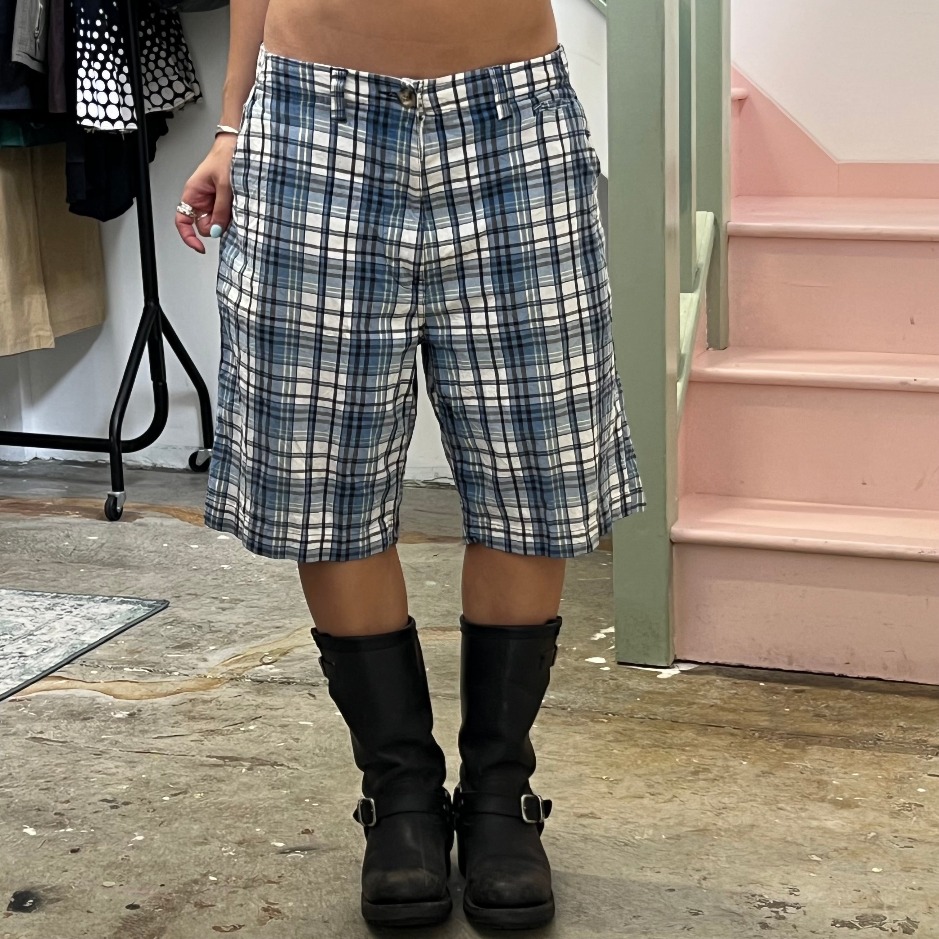 Blue and white checkered baggy shorts