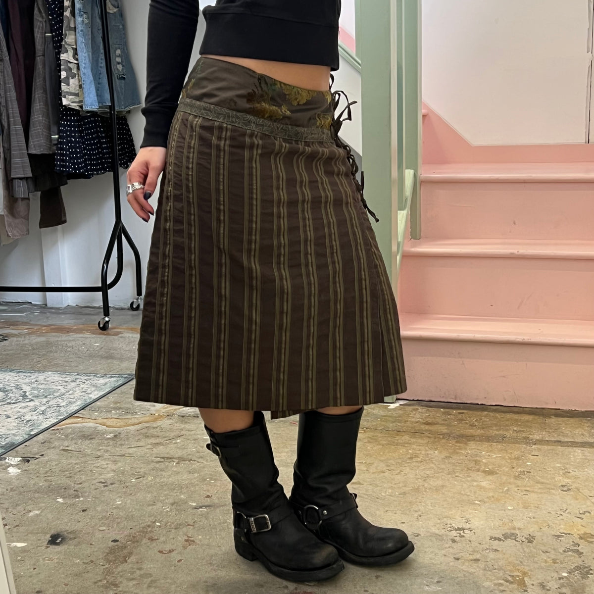 Khaki green stripe wrap around skirt