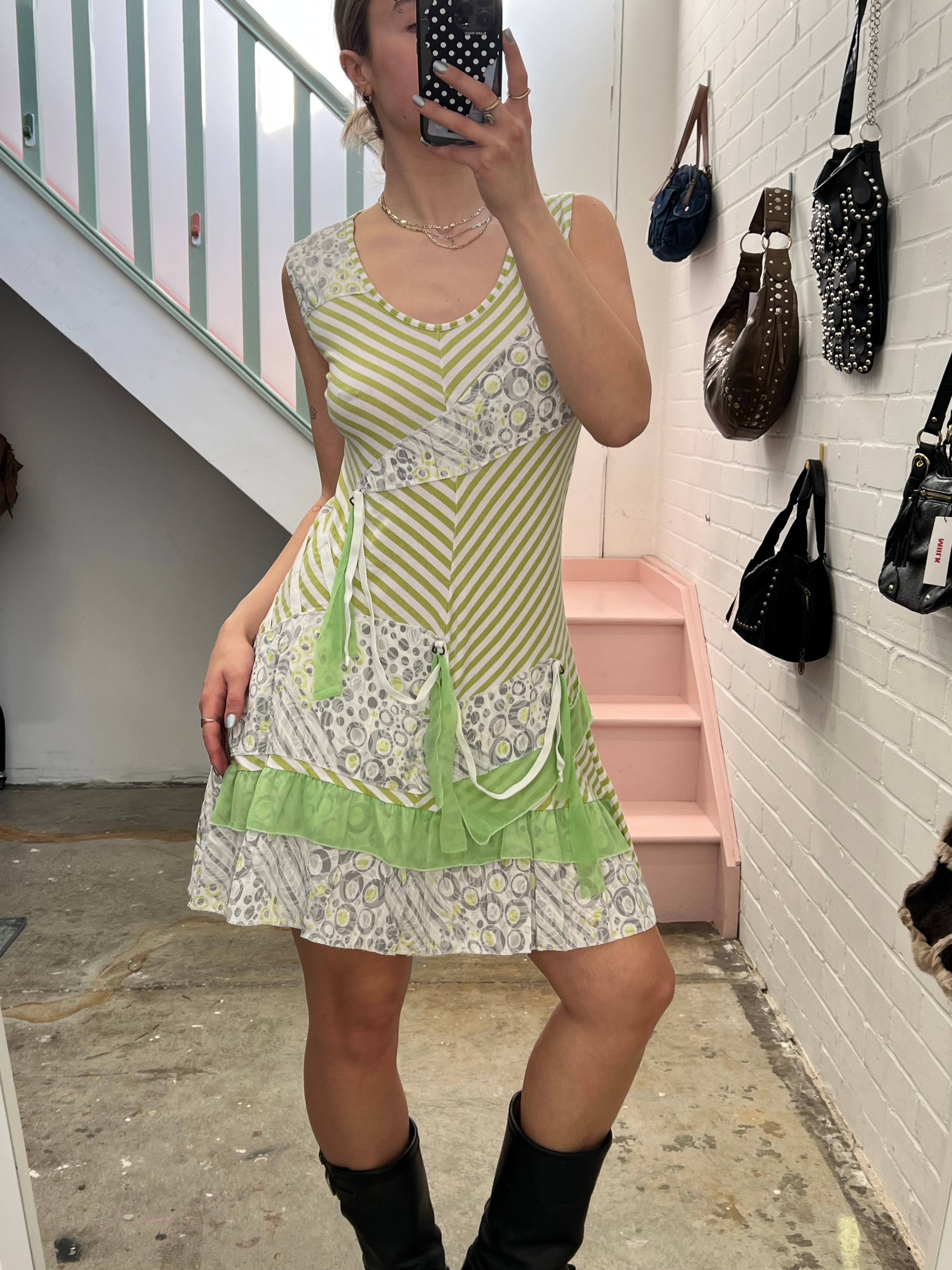 Green and white striped polka dot layered mini dress