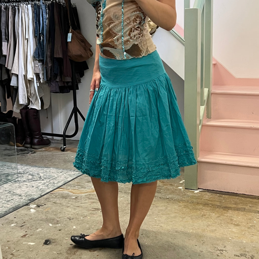 Teal turquoise pleated drop waist midi skirt