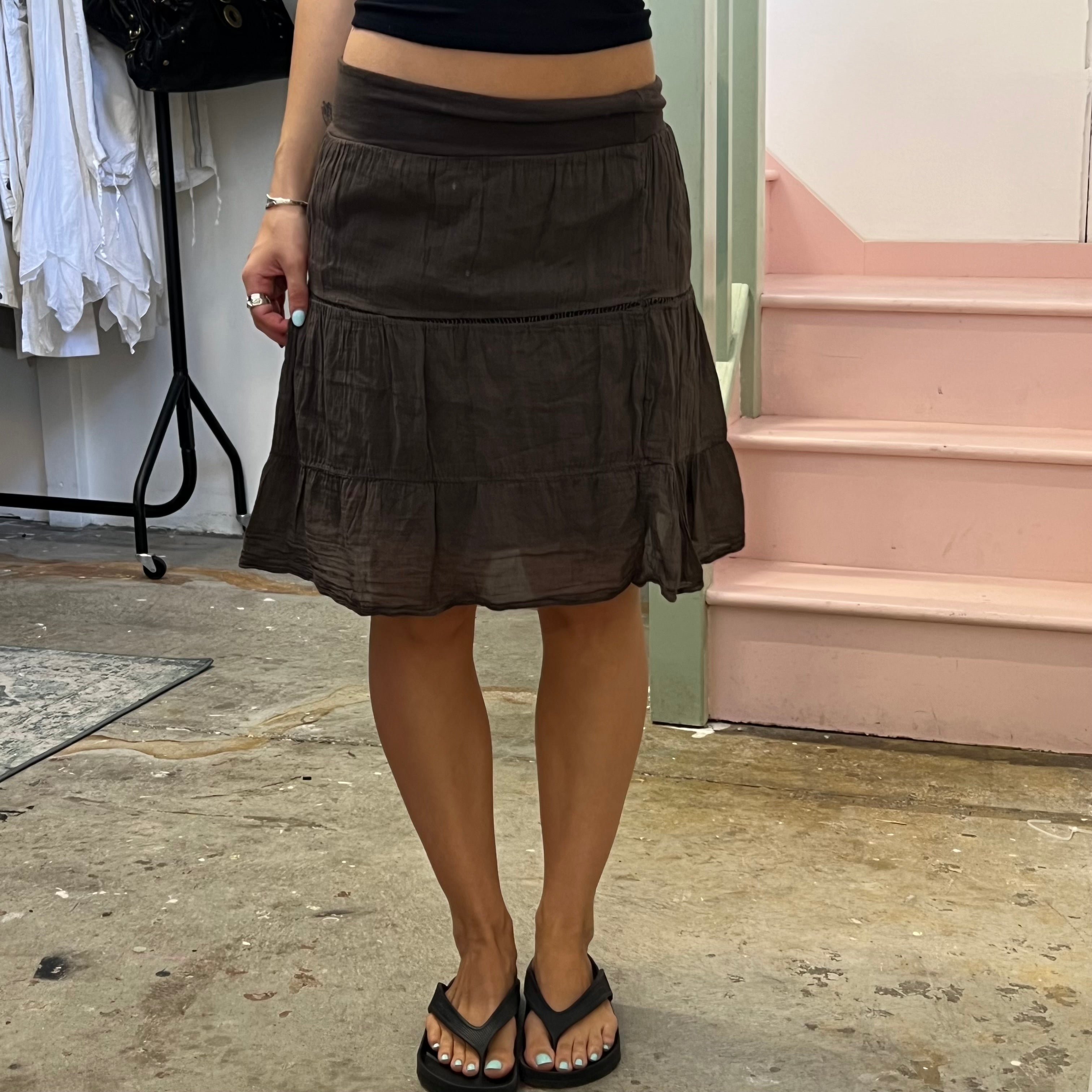 Brown fold waist midi skirt