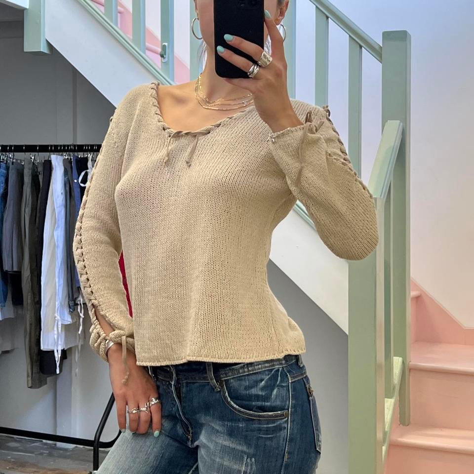 Cream lace up knitted sweater