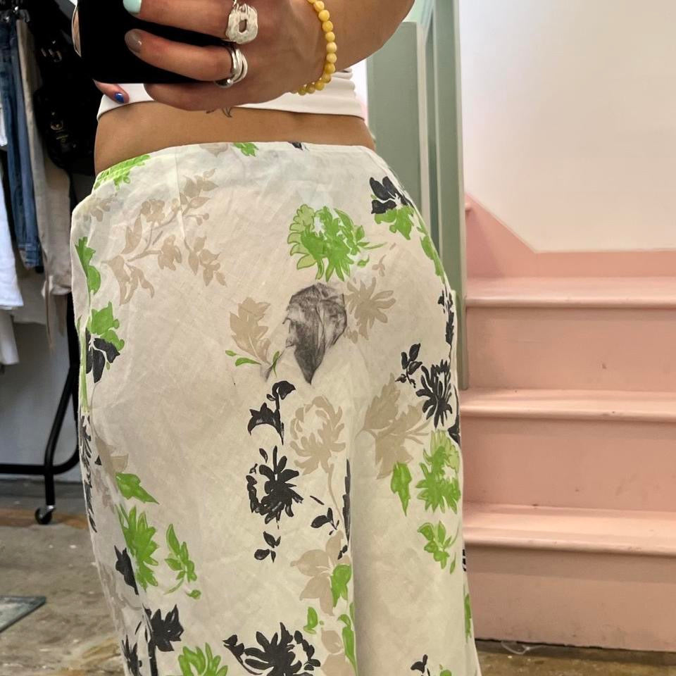 White and green floral midi skirt