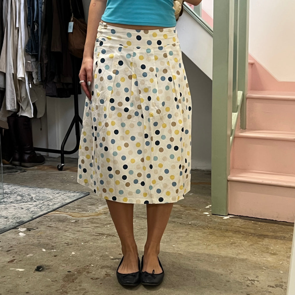 Blue and yellow polka dot pleated midi skirt