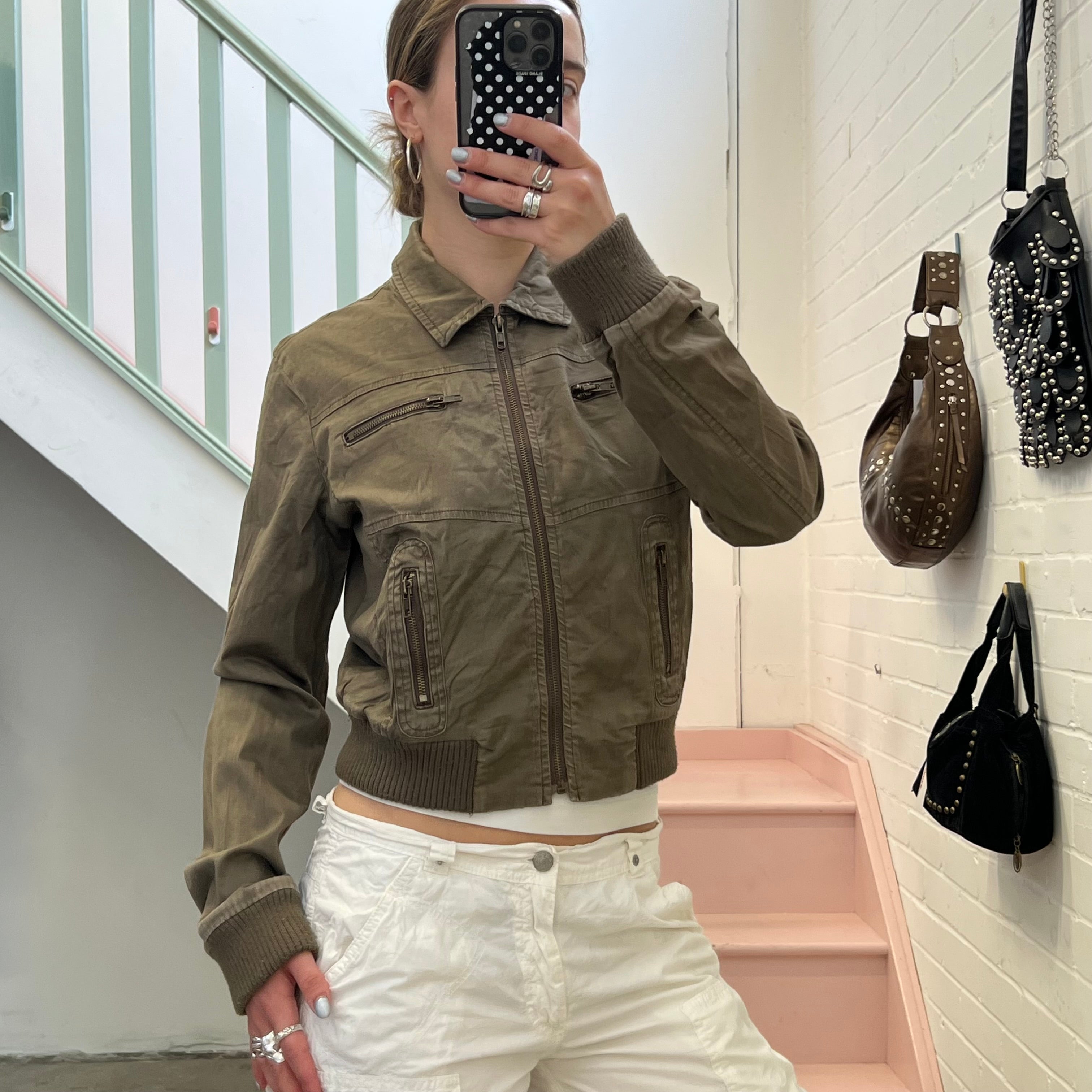 Khaki zip up fitted bomber jacket