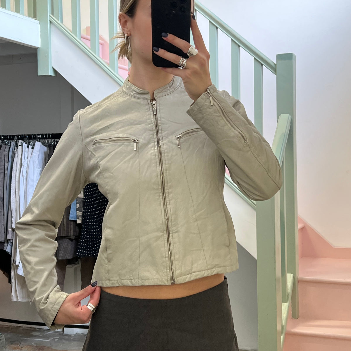 Cream zip up fitted leather jacket