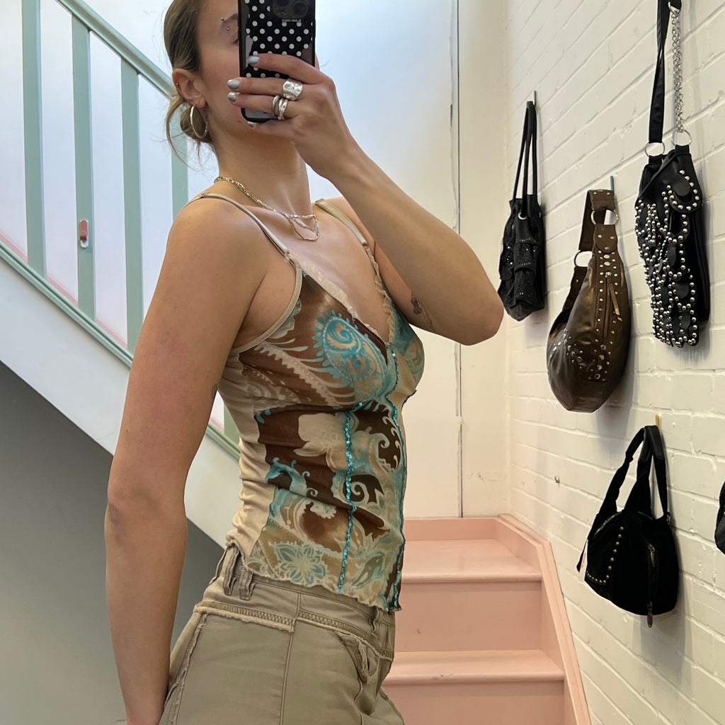 Blue and cream printed mesh vest