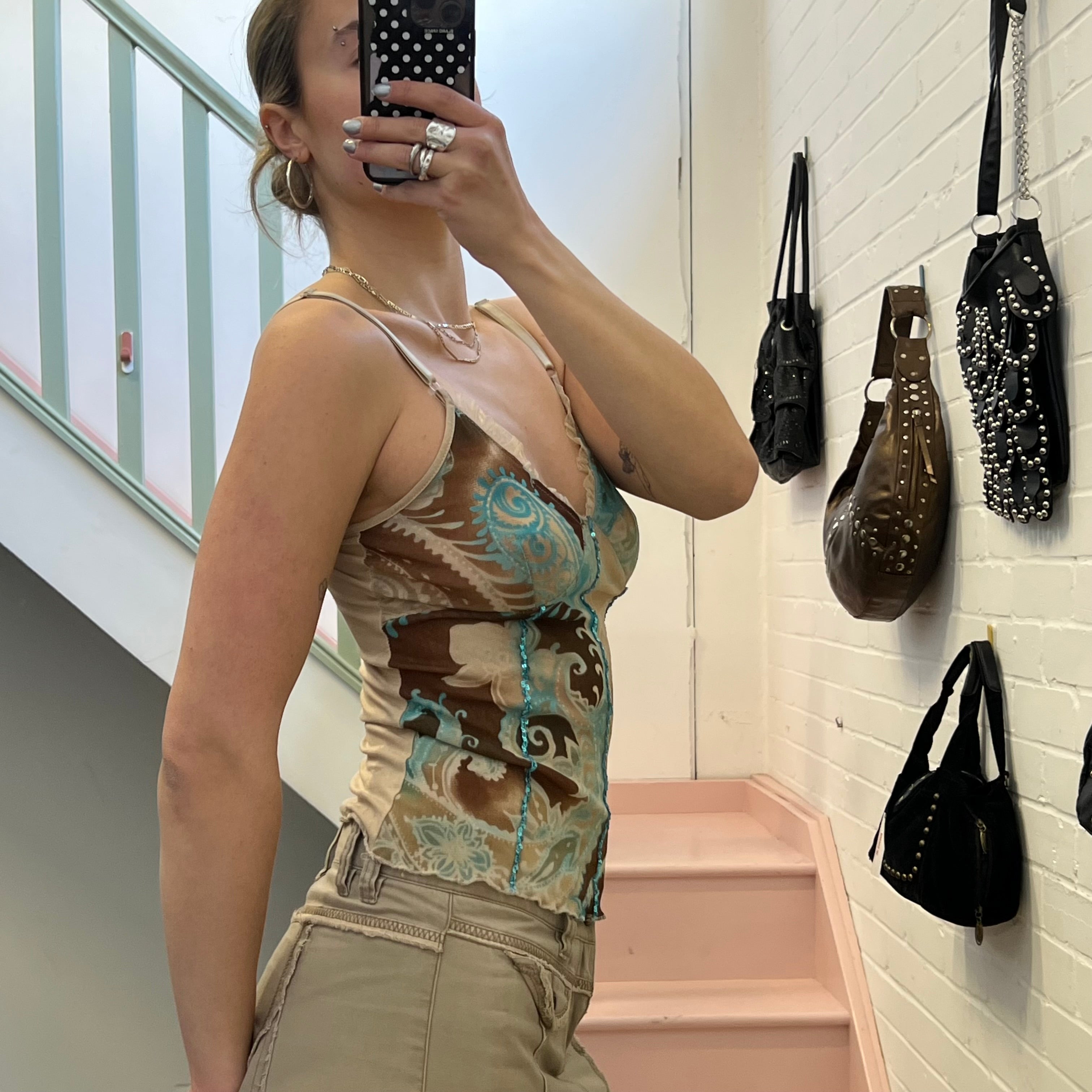 Blue and cream printed mesh vest