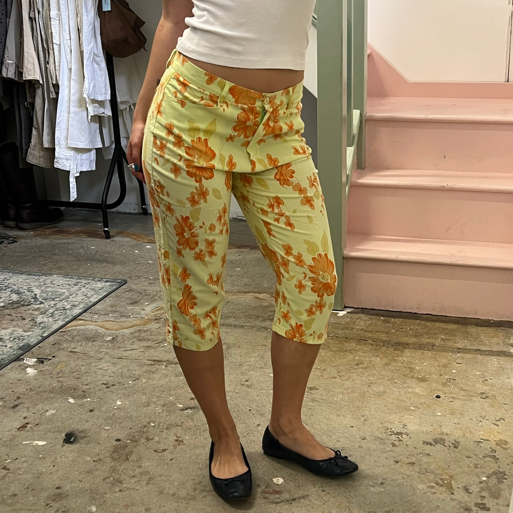Yellow and orange floral fitted tailored capris