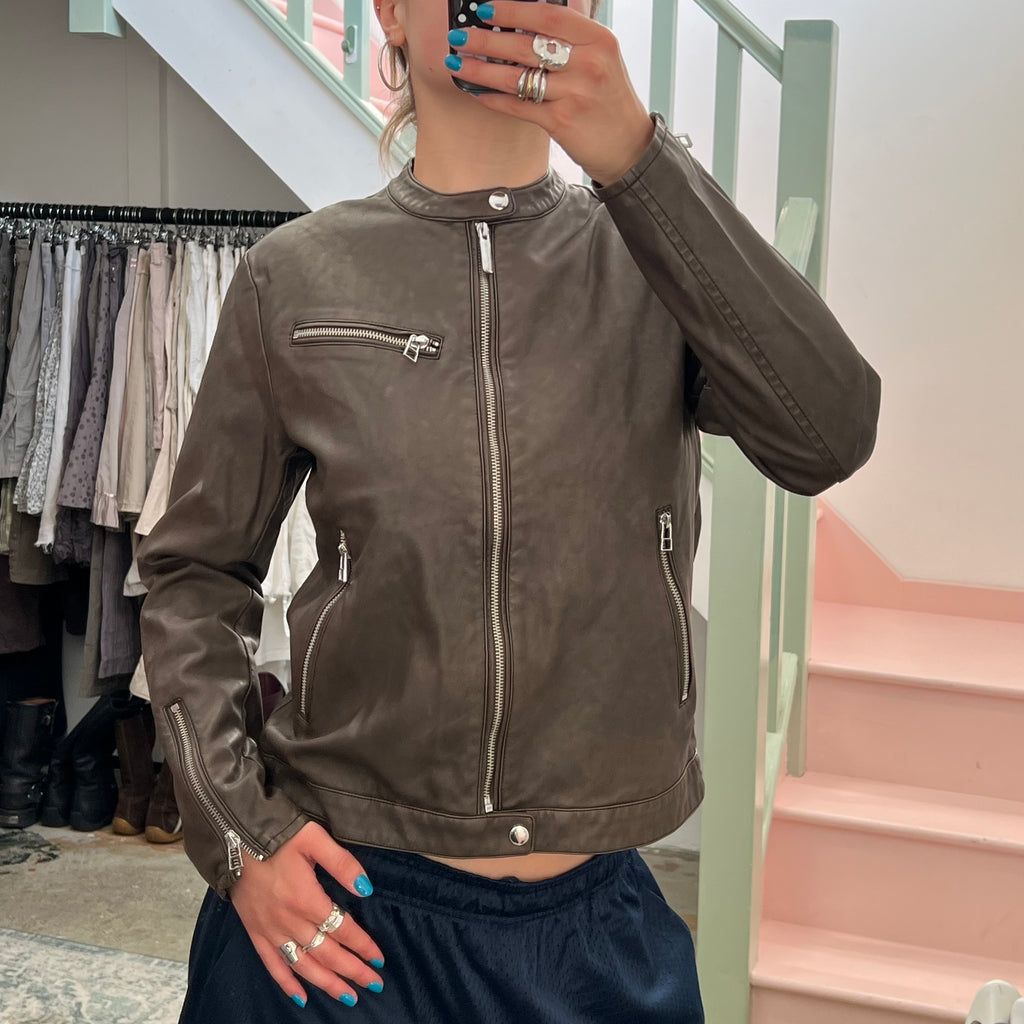 Dark brown leather biker jacket
