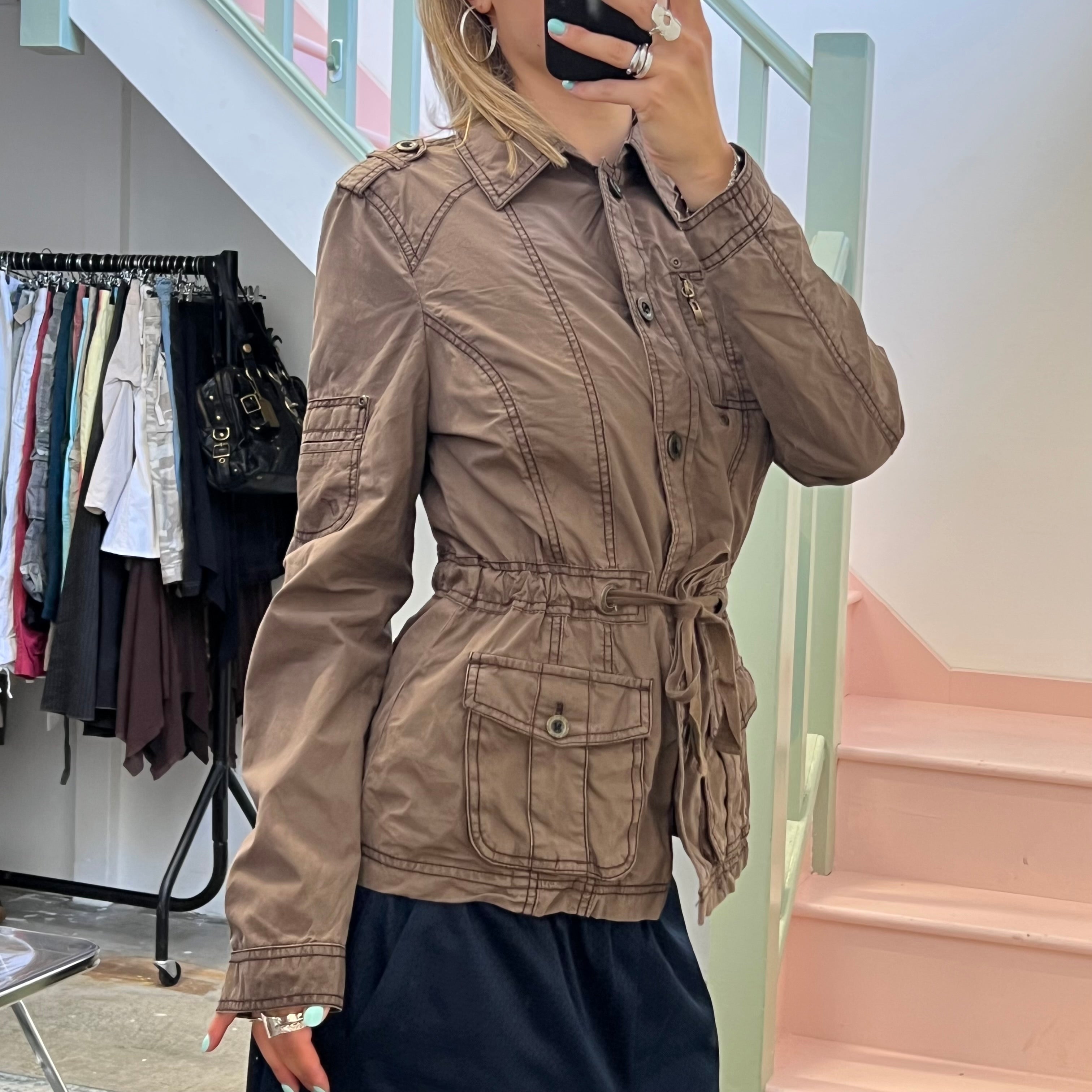 Brown utility style button up lightweight jacket