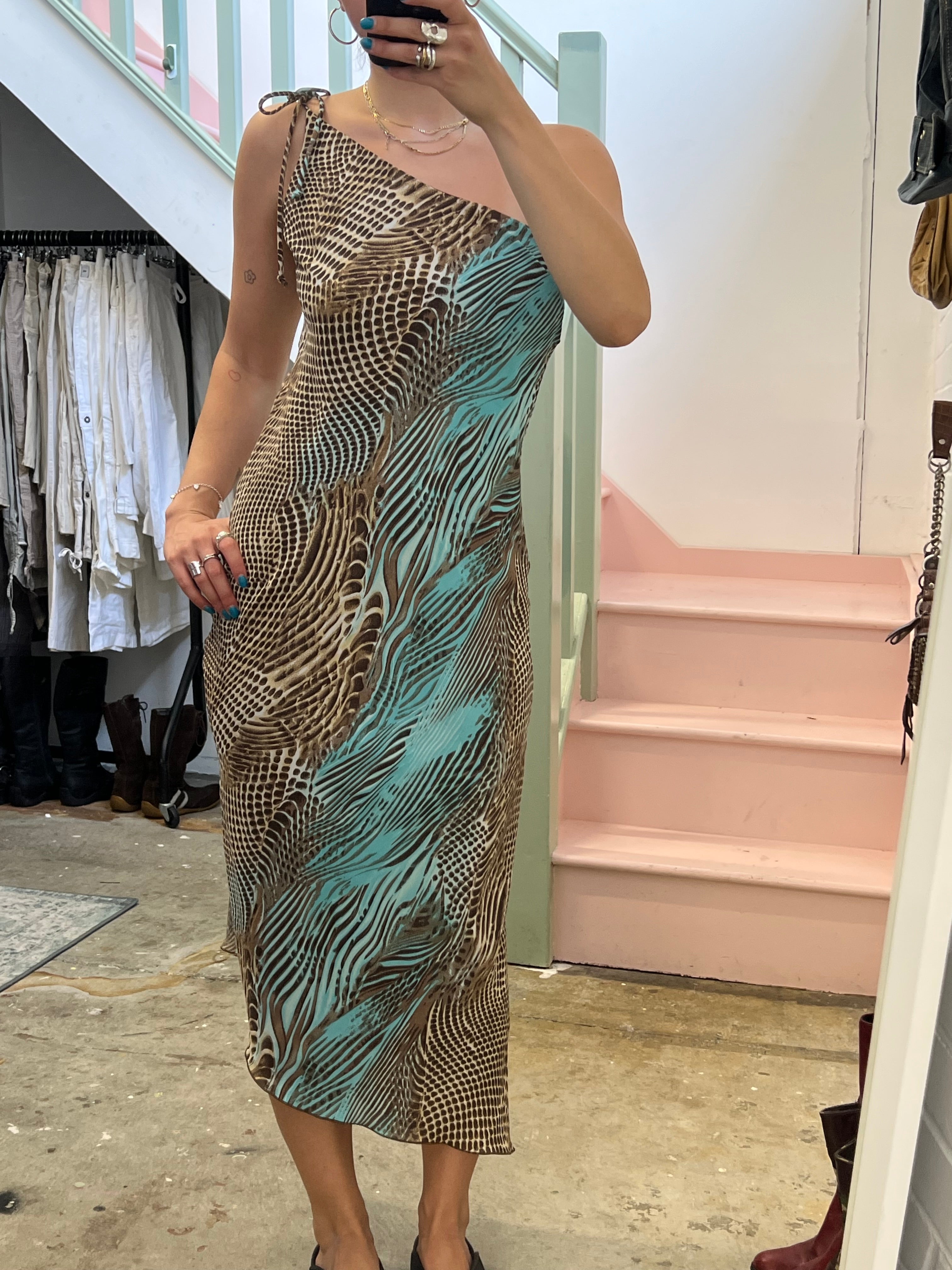 Brown and blue snakeskin one shoulder slip dress