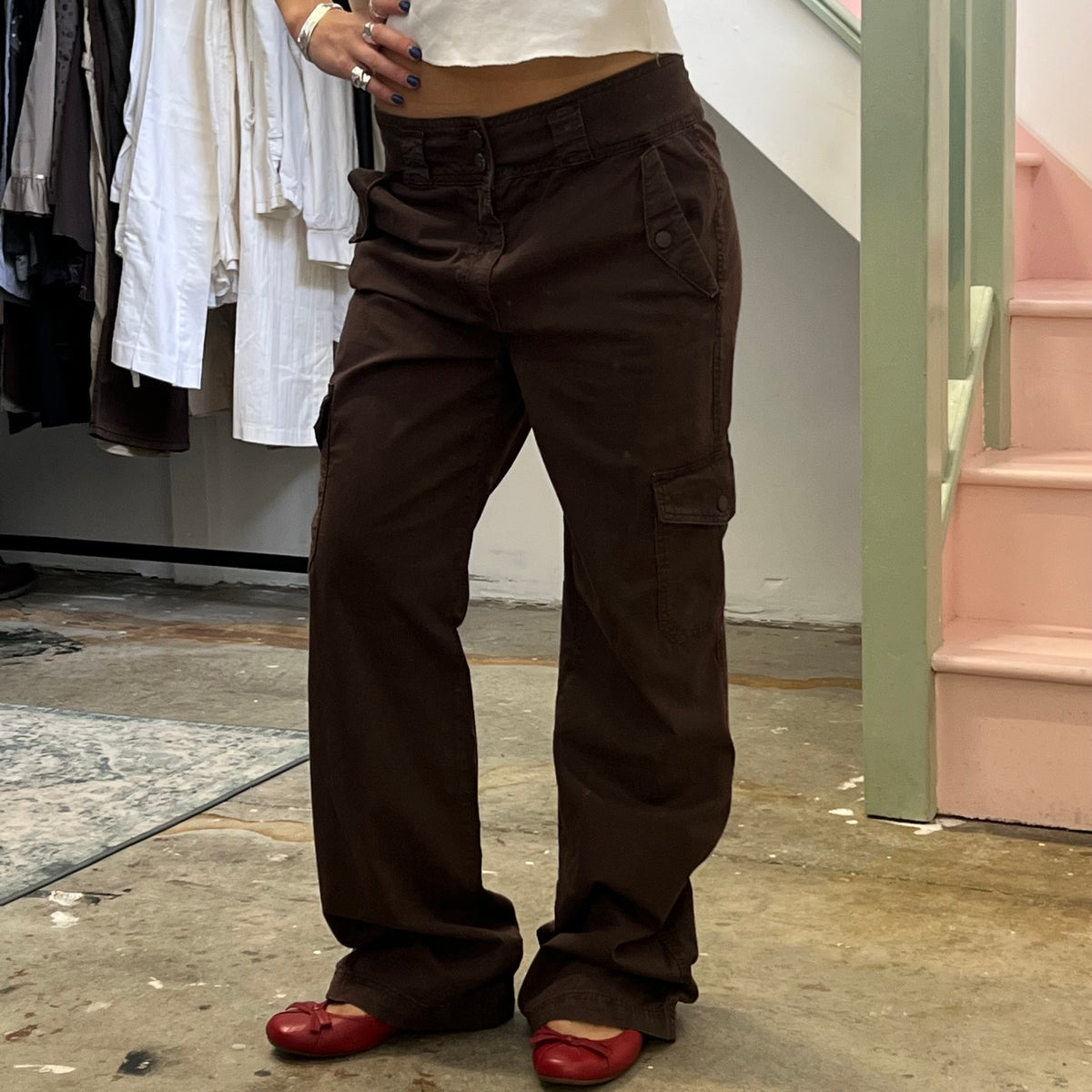 Brown wide leg baggy cargo trousers
