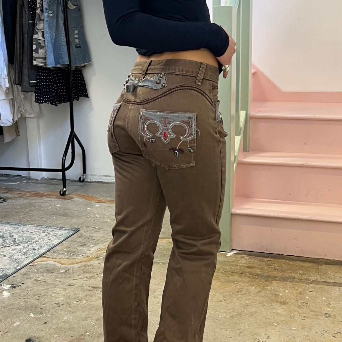 Brown embroidered tailored trousers
