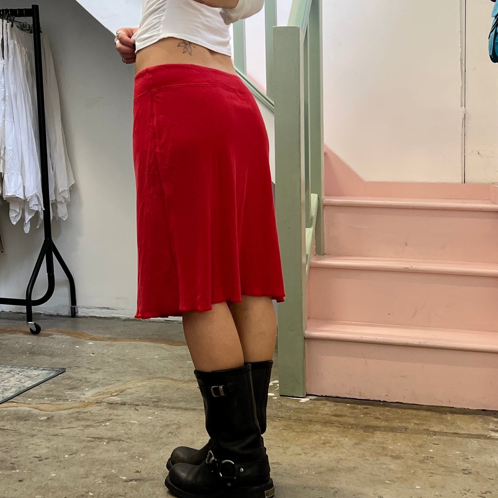 Red sporty tie waist midi skirt