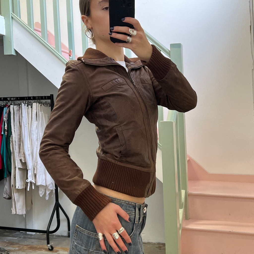 Brown leather bomber jacket