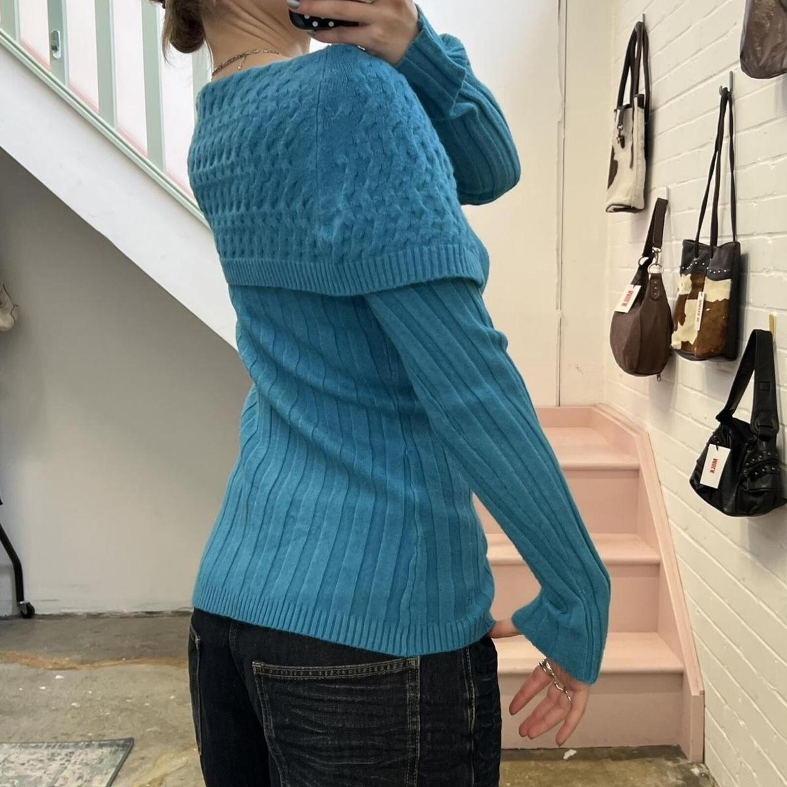 blue knitted off shoulder button up cashmere blend sweater