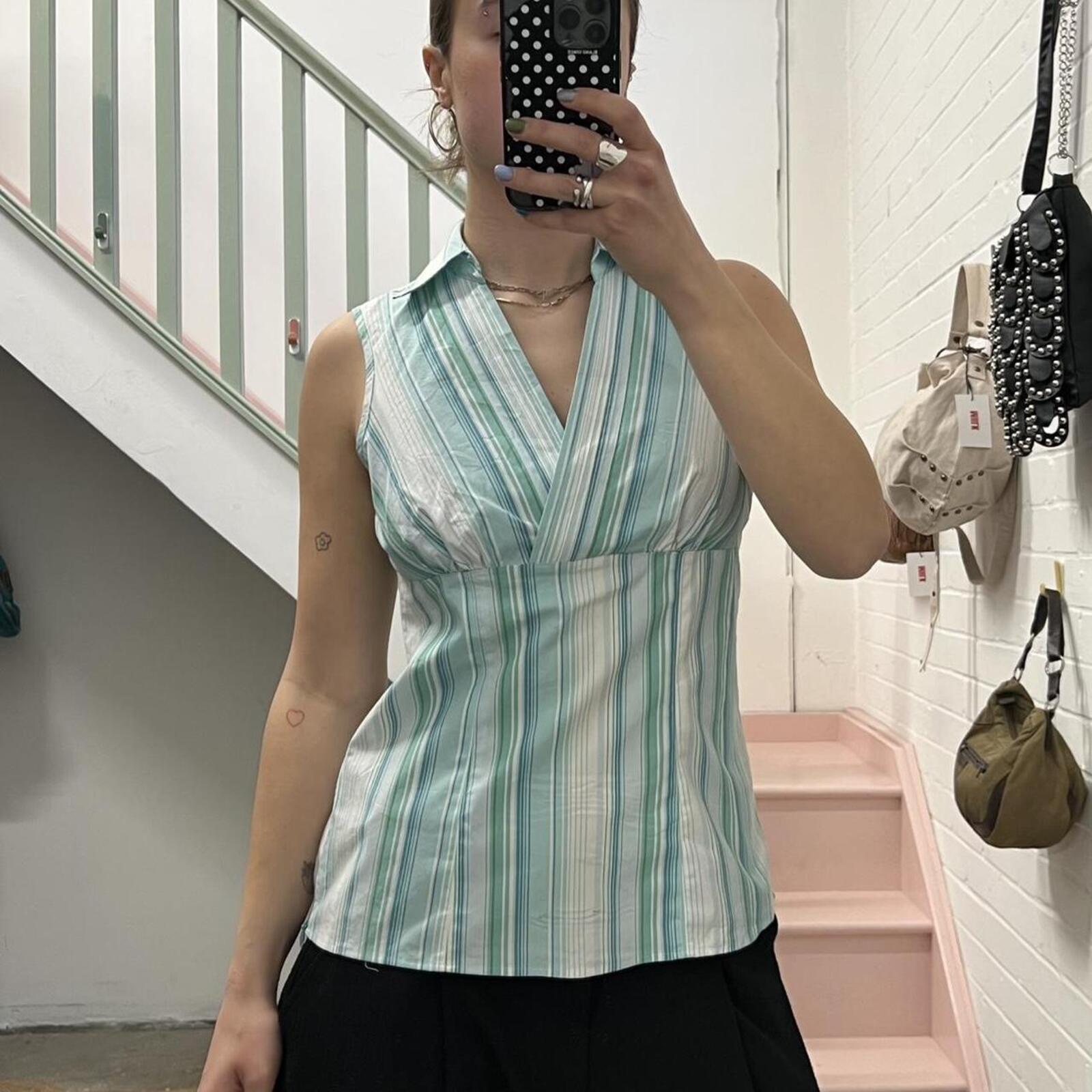 Teal and white striped fitted vintage short sleeve shirt vest